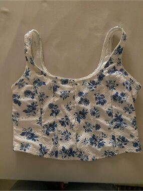 Shyanne Blue Floral Lace-Trim Cropped Tank